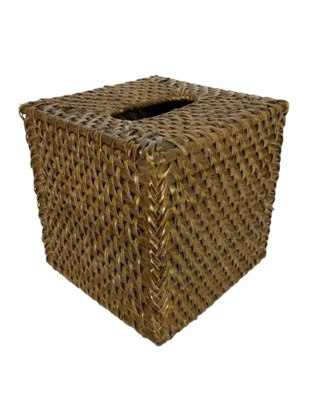 Brown Wicker Tissue Box Cover Square Basketweave Boho Decor Bathroom Accessory